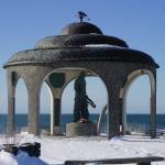 Snow from last weekends blizzard covers the ground around the Seafarers Memorial on Monday, Feb. 24, 2020, at the Homer Spit in Homer, Alaska. (Photo by Michael Armstrong/Homer News)