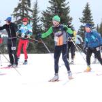 Participants in the 42 kilometer portion of the Kachemak Nordic Ski Marathon take off from the starting line Saturday, March 9, 2019 at the Lookout Mountain Trails near Homer, Alaska. The 42k race actually had to be shortened to 38k when a portion of the trail was lost in the bad weather. (Photo by Megan Pacer/Homer News)