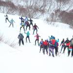 Participants in the 25 kilometer portion of the Kachemak Nordic Ski Marathon take off up the first hill of the course Saturday, March 9, 2019 at the Lookout Mountain Trails near Homer, Alaska. (Photo by Megan Pacer/Homer News)