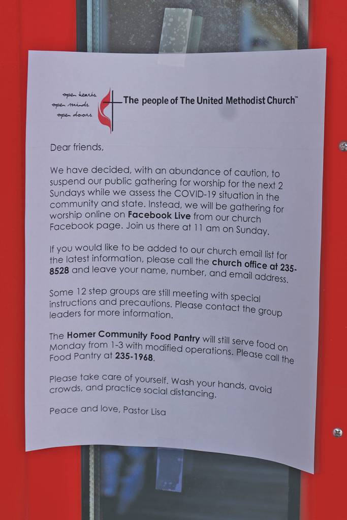 Photo by Michael Armstrong/Homer News                                 A sign notes a closure at Homer United Methodist Church as seen on Monday, March 16, in Homer.
