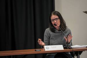 Dr. Anne Zink, Alaskas chief medical officer, addresses reporters during a Wednesday, March 25, 2020 press conference in the Atwood Building in Anchorage, Alaska. (Photo courtesy Office of the Governor)