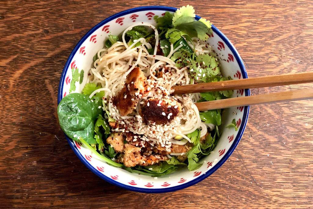 Salmon, greens and an assortment of spices are combined with noodles to make a creative pasta bowl. (Photo by Victoria Petersen/Peninsula Clarion)