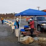 South Peninsula Hospital staff practice using the alternate COVID-19 testing site being set up at the Homer Chamber of Commerce and Visitor Center in Homer, Alaska. The site will only be opened if increased referrals for testing necessitates it. (Photo courtesy Derotha Ferraro)