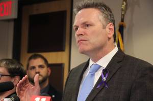 Alaska Gov. Mike Dunleavy announces the state of Alaska has its first positive case of the new coronavirus, during a news conference March 12, 2020, in Anchorage, Alaska. (AP Photo/Mark Thiessen)