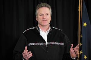 Gov. Mike Dunleavy speaks during a Thursday, April 16, 2020 press conference in the Atwood Building in Anchorage, Alaska. (Photo by Megan Pacer/Homer News)