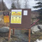 A trail barricade at the Lower Kenai River Trail warns hikers of trail closure due to the Swan Lake Fire. (Photo provided by Kenai National Wildlife Refuge)