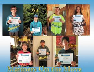 This quarters group of Mariners on the Move award recipients pose in their homes with their awards in this undated compilation. (Image courtesy Paul Story)
