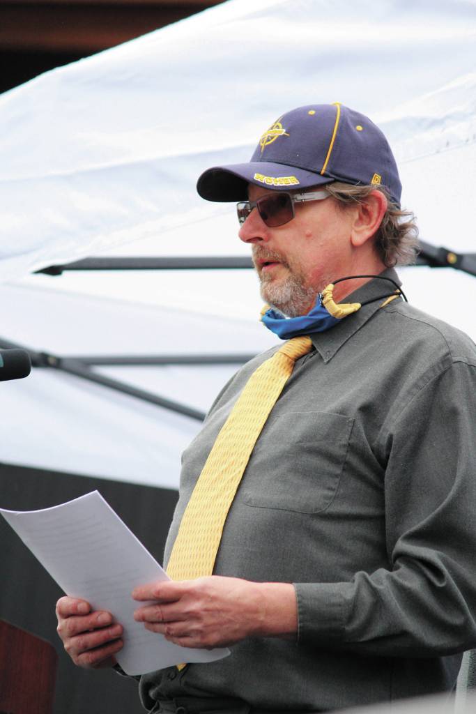 Clayton Smith gives part of the commencement address at Homer High Schools graduation ceremony Monday, May 18, 2020 at the school in Homer, Alaska. (Photo by Megan Pacer/Homer News)