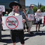 Judy Cavanaugh stands with others at a rally against the Pebble Mine in front of Sen. Lisa Murkowskis Juneau office on Tuesday, June 25, 2019. (Michael Penn | Juneau Empire File)
