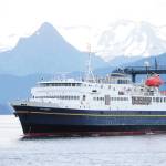 The state ferry M/V Tustumena pulls into the Homer Harbor on Monday, June 8, 2020 in Homer, Alaska. It carried 41 people  six quarantined passengers and 35 crew members, one of whom tested positive for COVID-19 on Saturday when the ship was docked in Dutch Harbor. Sixteen crew members but no passengers were identified as close contacts of the employee who tested positive. Staff from South Peninsula Hospital and Homer Public Health tested everyone onboard and passengers and crew members were only allowed to disembark if they had safe, private transportation to their final quarantine location. (Photo by Megan Pacer/Homer News)