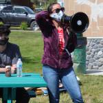 Winter Marshall-Allen, organizer of a full week of daily protests supporting the Black Lives Matter movement, speaks to a small crowd of protesters Thursday, June 4, 2020 at Wisdom, Knowledge, Faith and Love Park in Homer, Alaska. She called for continued conversations about racial injustice and for transparency and accountability in local policing. (Photo by Megan Pacer/Homer News)