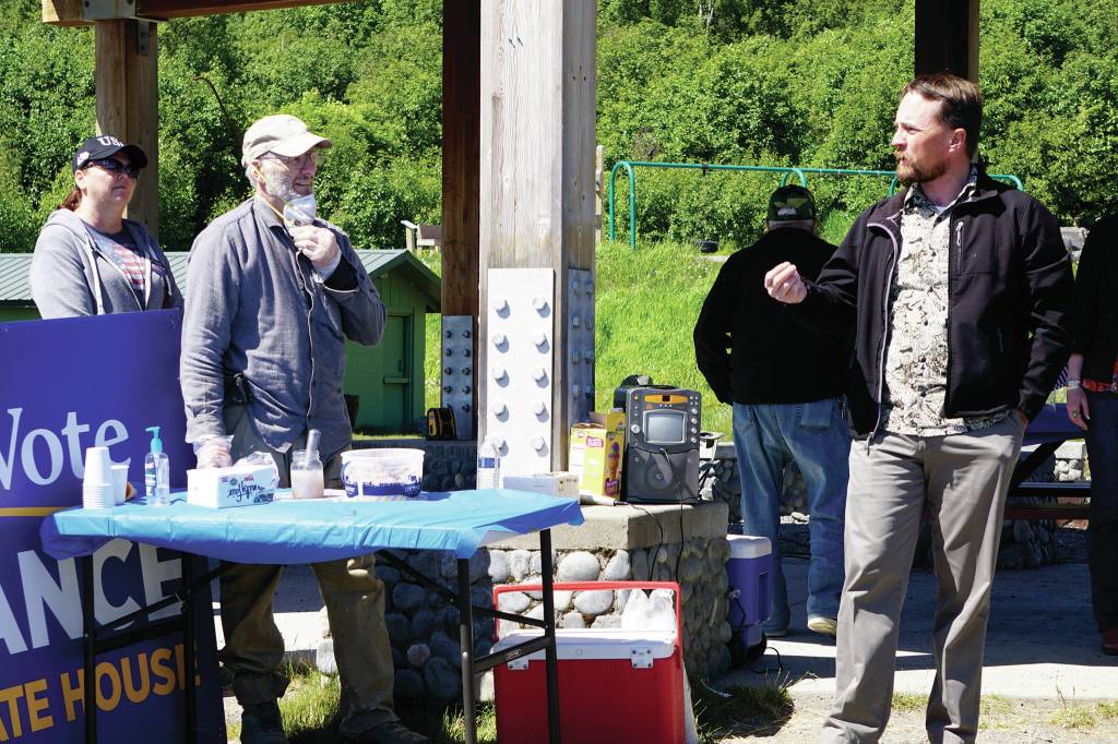 Rep. Ben Carpenter, R-Nikiski, speaks at a campaign rally for Rep. Sarah Vance, R-Homer, on Sunday, June 14, 2020, at Karen Hornaday Park in Homer, Alaska. (Photo by Michael Armstrong/Homer News)