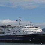 The lima or quarantine flag flies from the M/V Tustumena in mid-June at the Pioneer Dock in Homer, Alaska. (Photo by Greg Sutter)
