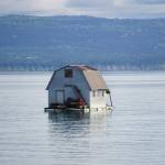 A float house is anchored in Mud Bay near the Nick Dudiak Fishing Lagoon on Monday, June 29, 2020, in Homer, Alaska. The house had been docked in Halibut Cove and was moved by its new owners over the weekend. Don Darnell said he built the float house about 40 years ago for fisherman Al Ray Carroll, who used it as a gear shed. (Photo by Michael Armstrong/Homer News)
