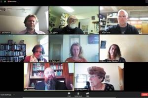 Members of the Homer City Council interview candidate Rob Dumouchel for the job of city manager on Wednesday, July 1, 2020 via Zoom in Homer, Alaska. Top row from left to right: Council member Joey Evensen, Mayor Ken Castner, Council member Heath Smith. Middle row from left to right: Council members Donna Aderhold, Rachel Lord and Storm Hansen-Cavasos. Bottom row from left to right: Candidate Rob Dumouchel and Council member Caroline Venuti.