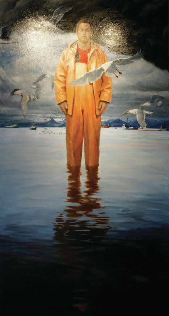 David Pettibones Open for Business evokes Pierrot, a painting by Jean-Antoine Watteau, as seen on July 7, 2020, at Bunnell Street Arts Center in Homer, Alaska. (Photo by Michael Armstrong/Homer News)