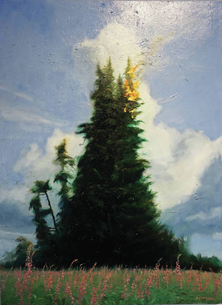 David Pettibones Summer of Fire chronicles the summer 2019 Alaska fire season, as seen on July 7, 2020, at Bunnell Street Arts Center in Homer, Alaska. (Photo by Michael Armstrong/Homer News)