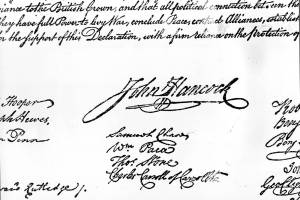 This undated file photo shows John Hancocks signature on the Declaration of Independence, which was formally signed by 56 members of Congress beginning Aug. 2, 1776. (AP Photo, File)                                FILE - This undated file photo shows John Hancocks signature on the Declaration of Independence, which was formally signed by 56 members of Congress beginning Aug. 2, 1776. National Public Radio marked Independence Day on July 4th, 2017, by tweeting the entire declaration, but it seems some Twitter users didn’t recognize what they were reading. Some of the founders’ criticisms of King George III were met with angry responses from supporters of President Donald Trump, who seemed to believe the tweets were a reference to the current president. Others were under the impression NPR was trying to provoke Trump with the tweets. (AP Photo, File)