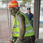 AP FILE PHOTO BY James Poulson/Daily Sitka Sentinel                                 The bronze statue of 19th century Russian America Governor Alexander Baranov sports a hard hat and a reflective vest, after being moved from its original site in front of Centennial Hall in Sitka in February 2013. Far away from Confederate memorials, Alaska residents have joined the movement to eliminate statues of colonialists accused of abusing and exploiting Indigenous people. The effort has already resulted in the statue of Baranov being taken out of public view in the city.