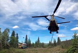 Alaska Army National Guard soldiers use a CH-47 Chinook helicopter to remove an abandoned bus, popularized by the book and movie Into the Wild, out of its location in the Alaska backcountry. The state Department of Natural Resources said Thursday, July 30, that it intends to negotiate with the University of Alaskas Museum of the North in Fairbanks to display the bus. (Sgt. Seth LaCount/Alaska National Guard via AP, File)