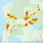 Map of the Kenai Peninsula showing the migration corridor and stopover sites for the Kenai Lowland herd. The red areas on the map are stopover sites, the orange areas are the high use corridor, and the yellow area is the low use corridor. (Provided by Kenai National Wildlife Refuge)