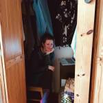 Sarah Brewer, who plays Gwendolyn Fairfax in The Importance of Being Earnest, demonstrates her recording studio in the closet of her home in this undated photo in Homer, Alaska. (Photo courtesy of Jennifer Norton)
