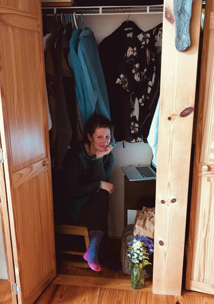 Sarah Brewer, who plays Gwendolyn Fairfax in The Importance of Being Earnest, demonstrates her recording studio in the closet of her home in this undated photo in Homer, Alaska. (Photo courtesy of Jennifer Norton)