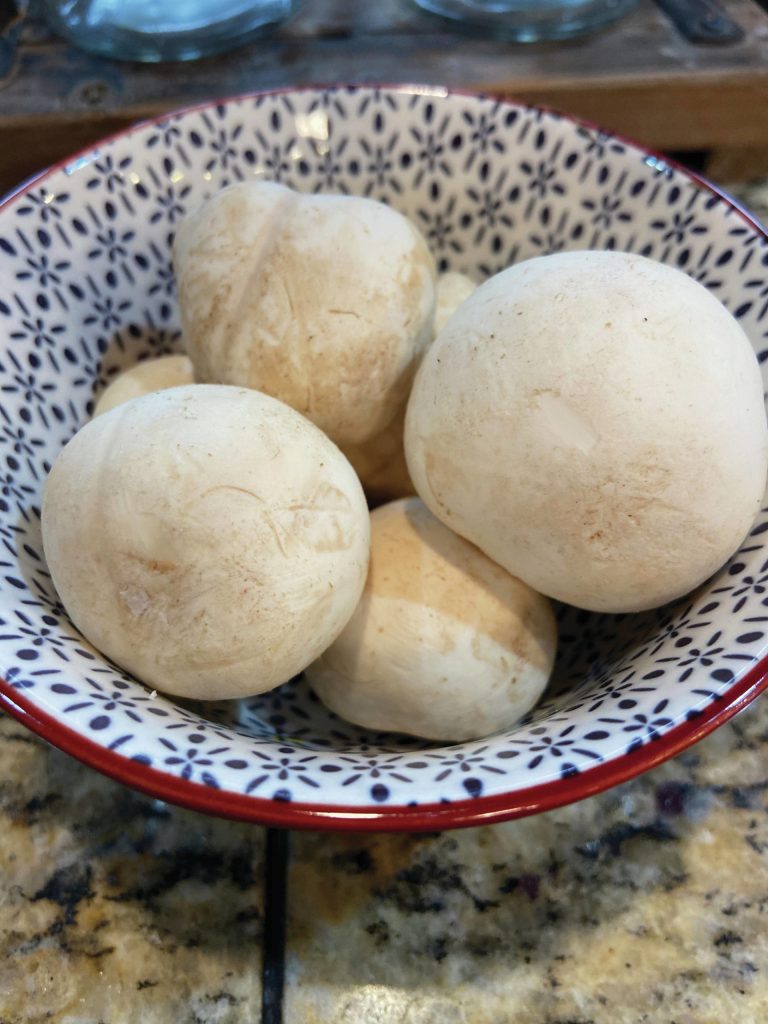 Puff ball mushrooms gathered locally are ready to be used in a recipe for white pizza, as seen here on Aug 25, 2020, in Teri Robls Homer, Alaska, kitchen. (Photo by Teri Robl)