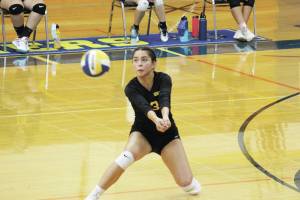 Sewards Gaia Casagranda digs the ball during a game against the Homer Mariners on Friday, Aug. 21, 2020 in the Alice Witte Gymnasium at Homer High School in Homer, Alaska. The Homer-hosted jamboree scheduled for Saturday was pared down to a matchup between Homer and Seward teams after sports were canceled for central peninsula schools last week. (Photo by Megan Pacer/Homer News)
