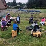Fireweed Academy Kindergarten teacher Erin Pollock holds class outside on the first day of school Monday, Aug. 24, 2020 in Homer, Alaska. (Photo courtesy Janet Bowen, Fireweed Academy)