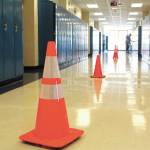 Orange cones mark the desired one-way traffic pattern down the hallways of Homer High School on Monday, Aug. 24, 2020 in Homer, Alaska. (Photo by Megan Pacer/Homer News)