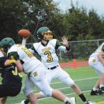 Seahawks quarterback No. 3 looks for a place to throw during a Saturday, Aug. 29, 2020 football game against Homer High School in Homer, Alaska. (Photo by Michael Armstrong/Homer News)