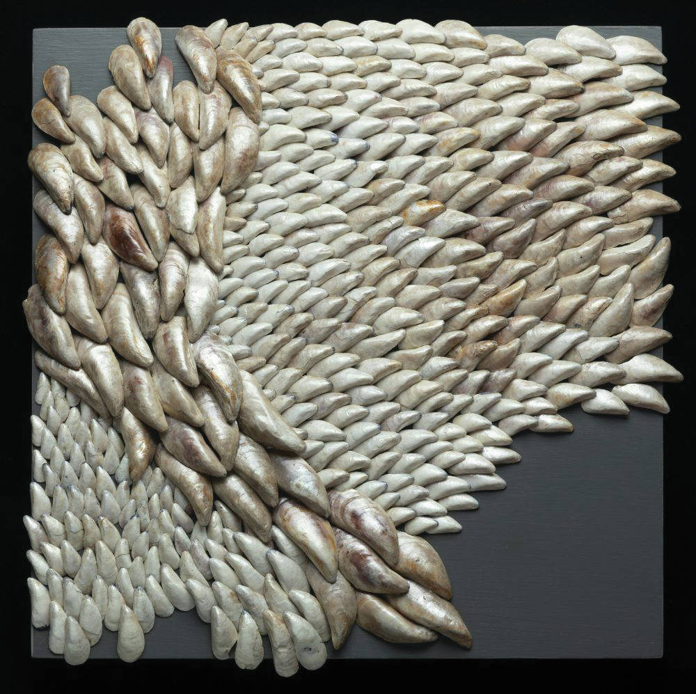 One of Rika Mouws pieces featuring mussel shells at Bunnell Street Arts Center in Homer, Alaska. (Photo courtesy of Bunnell Street Arts Center)