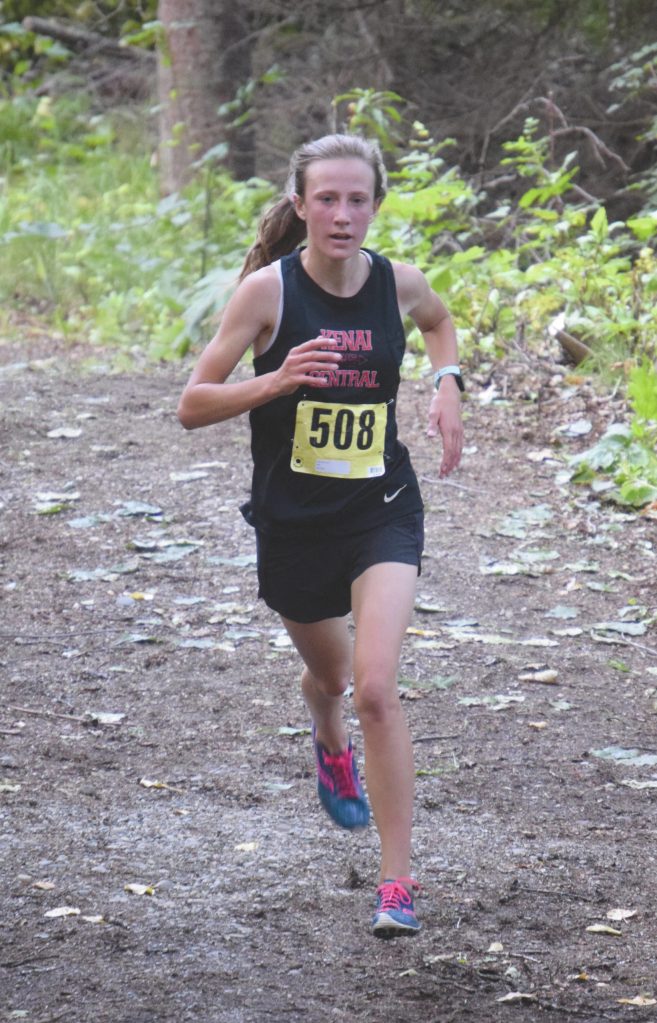Kenai Central sophomore Jayna Boonstra wins the freshman-sophomore girls race at the Nikiski Class Races on Friday, Sept. 4, 2020, at Nikiski High School in Nikiski, Alaska. (Photo by Jeff Helminiak/Peninsula Clarion)