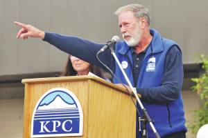 Gary Turner, who recently announced his plans to retire as director of Kenai Peninsula College, addresses the crowd during KPCs 50th anniversary celebration at the Kenai River Campus on Aug. 25, 2014. (Photo courtesy Gary Turner/KPC)