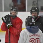 Libertarian presidential candidate Jo Jorgensen speaks with local hockey players at the Treadwell Arena on Tuesday, Sept. 8, 2020. (Peter Segall / Juneau Empire)