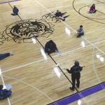 Jeff Helminiak / Peninsula Clarion                                Shannon Dwyer teaches a socially distanced physical education class Tuesday at Skyview Middle School.