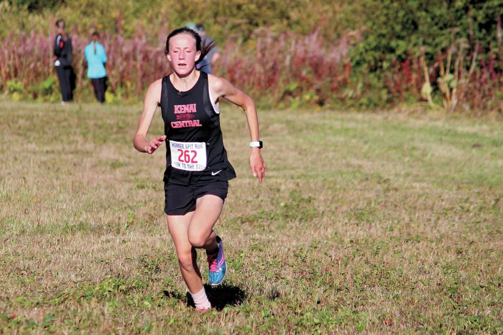 Kenais Jayna Boonstra claims first place in the varsity girls 5 kilometer race Friday, Sept. 11, 2020 at the Lookout Mountain Trails near Homer, Alaska. (Photo by Megan Pacer/Homer News)
