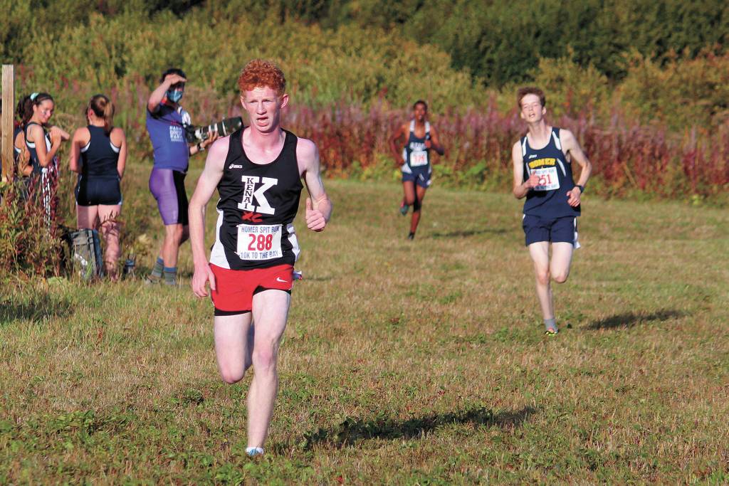 Kenais Joe Hamilton wins the boys varsity 5 kilometer race Friday, Sept. 11, 2020 at the Lookout Mountain Trails near Homer, Alaska. (Photo by Megan Pacer/Homer News)