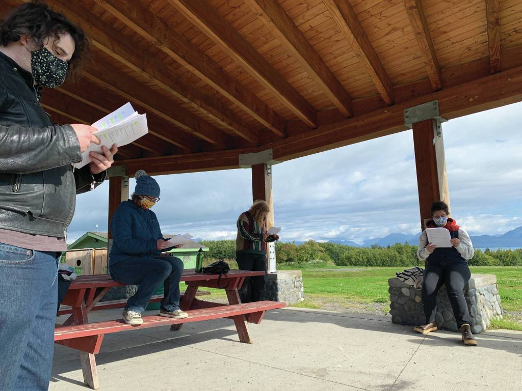 Some of the cast of Knife Skills rehearse at Karen Hornaday Park in August in Homer, Alaska. From left to right are Peter Sheppard, Ingrid Harrald, Theodore Castellani and Chloë Pleznac. (Photo courtesy of Lindsey Schneider)