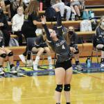 Soldotnas Emma Brantley sets the ball during a Tuesday, Sept. 22, 2020 volleyball game against the Homer Mariners in the Alice Witte Gymnasium in Homer, Alaska. (Photo by Megan Pacer/Homer News)