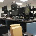 The dispatch center of the new Homer Police Station, seen here on Thursday, Sept. 24, 2020 in Homer, Alaska, is partially set up. The desks are able to be moved for either sitting or standing, and the new station was able to add a third dispatcher station, as opposed to the two dispatcher stations in the old building. (Photo by Megan Pacer/Homer News)
