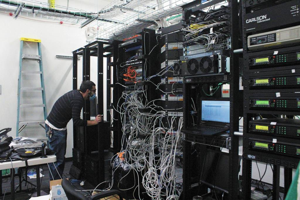 The radio and IT room, being set up as seen here on Thursday, Sept. 24, 2020 in Homer, Alaska, is where all radio communications and data flow through the new Homer Police Station. (Photo by Megan Pacer/Homer News)