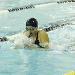 Homers Madison Story swims the breaststroke leg of the girls 200 yard medley relay Friday, Oct. 2, 2020 during a dual meet against Seward High School at the Kate Kuhns Aquatic Center in Homer, Alaska. (Photo by Megan Pacer/Homer News)