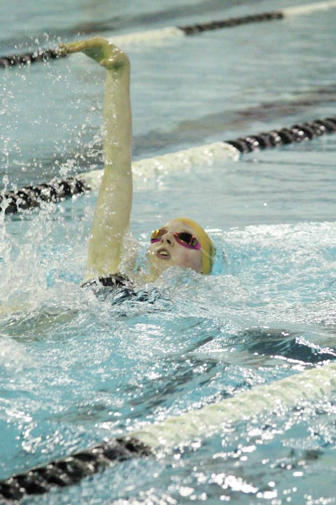 Sewards Lydia Jacoby swims the backstroke in the girls 200 yard individual medley race Friday, Oct. 2, 2020 during a dual meet at the Kate Kuhns Aquatic Center in Homer, Alaska. (Photo by Megan Pacer/Homer News)
