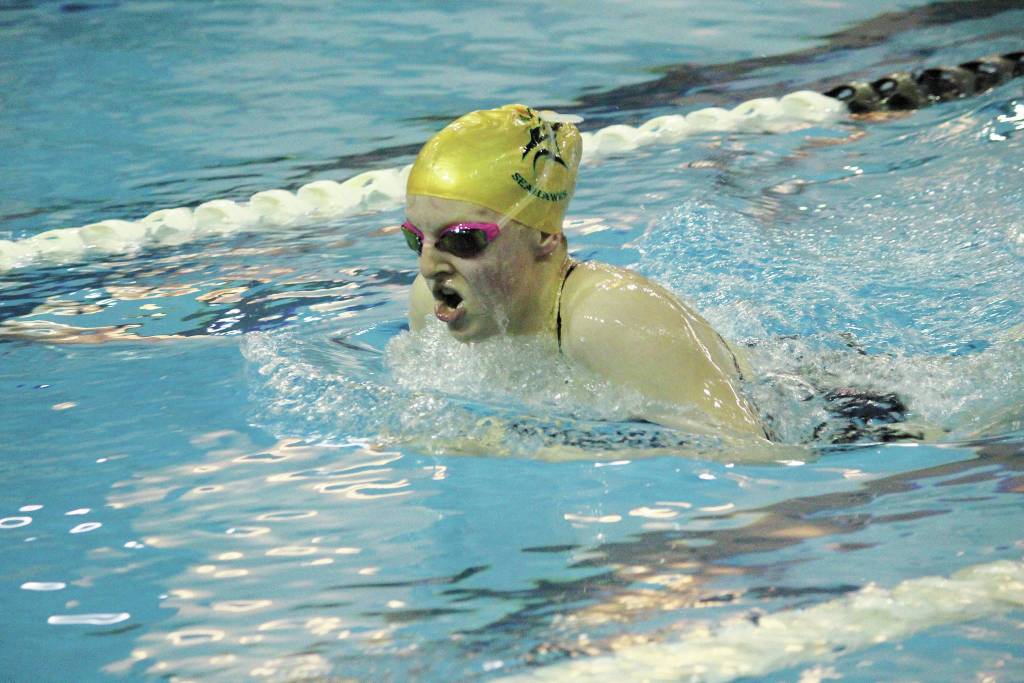 Sewards Lydia Jacoby swims the breaststroke in the girls 200 yard individual medley race Friday, Oct. 2, 2020 during a dual meet at the Kate Kuhns Aquatic Center in Homer, Alaska. (Photo by Megan Pacer/Homer News)