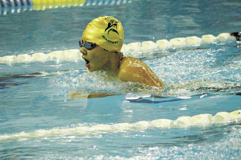 Sewards Nickolas Ambrosiani swims the breaststroke in the boys 200 yard individual medley race during a dual meet against Homer High School on Friday, Oct. 2, 2020 at the Kate Kuhns Aquatic Center in Homer, Alaska. (Photo by Megan Pacer/Homer News)