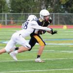 Soldotnas Kage Poe tackles Homers Kian Smith during a Saturday, Oct. 3, 2020 football game at Homer High School in Homer, Alaska. (Photo by Megan Pacer/Homer News)