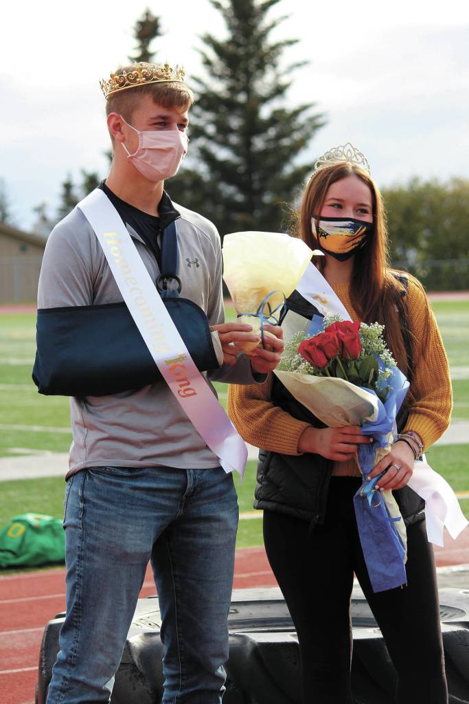 Seniors Clayton Beachy and Mary Black are crowned this years homecoming king and queen during halftime at Homer High Schools homecoming game Saturday, Oct. 3, 2020 in Homer, Alaska. (Photo by Megan Pacer/Homer News)