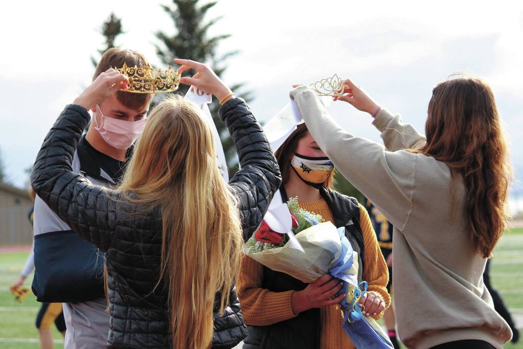 Seniors Clayton Beachy and Mary Black are crowned this years homecoming king and queen during halftime at Homer High Schools homecoming game Saturday, Oct. 3, 2020 in Homer, Alaska. (Photo by Megan Pacer/Homer News)